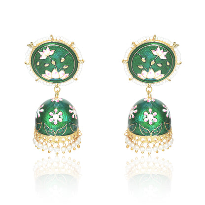 Meenakari Traditional Lotus Engraved Jhumki Earring, Dome Shaped Jhumka Earrings with Pearl Beads for Girls and Women