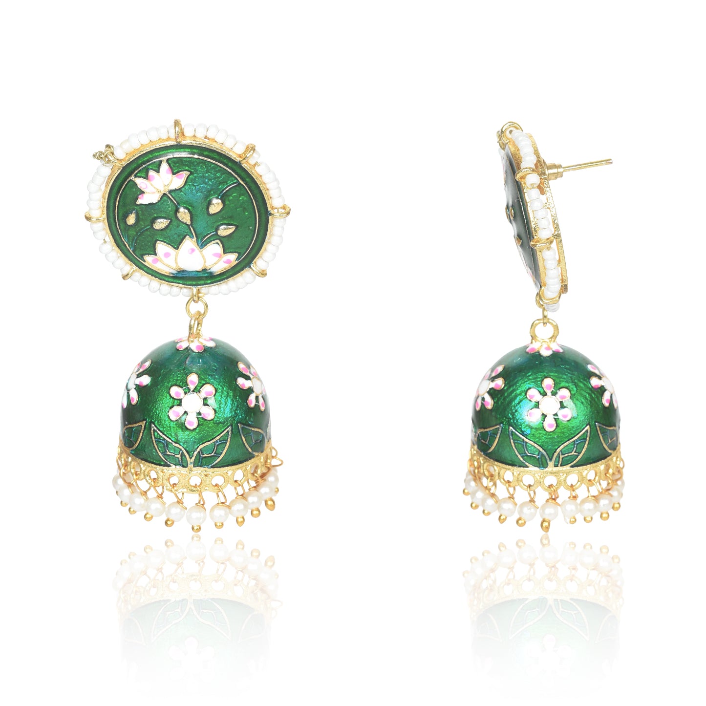 Meenakari Traditional Lotus Engraved Jhumki Earring, Dome Shaped Jhumka Earrings with Pearl Beads for Girls and Women