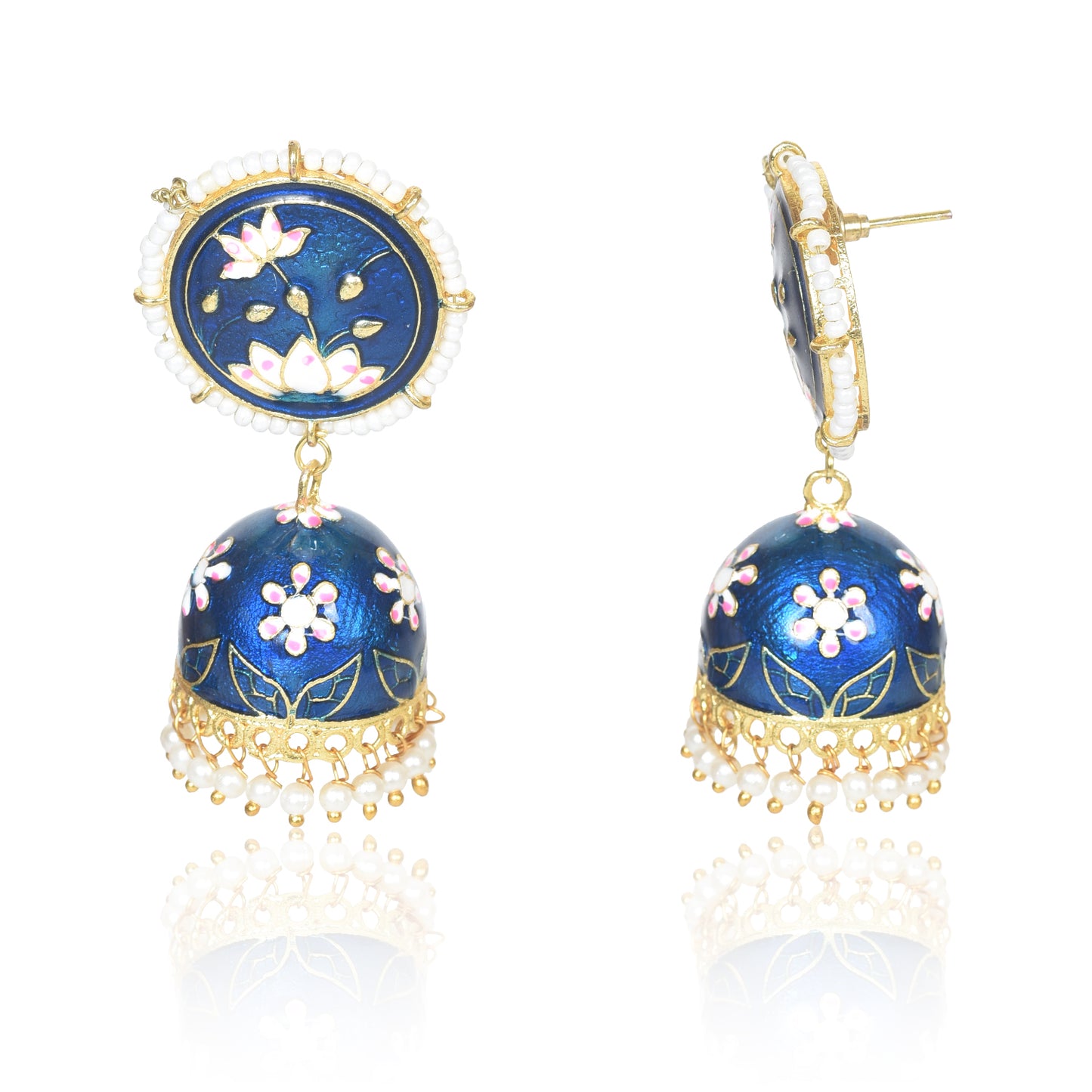 Meenakari Traditional Lotus Engraved Jhumki Earring, Dome Shaped Jhumka Earrings with Pearl Beads for Girls and Women  3.