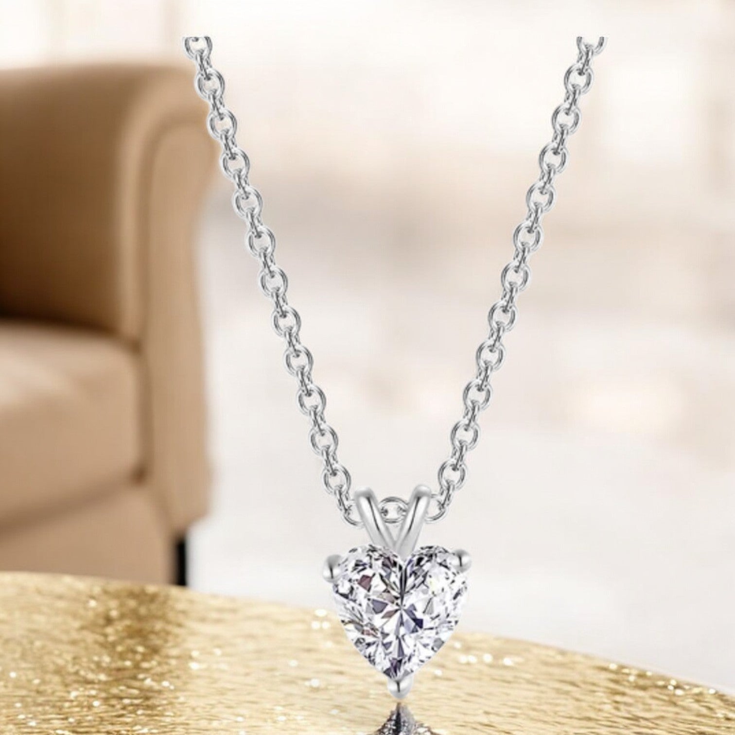 Silver Plated Love Shaped Solitaire Pendant with Link Chain for Women & Girls, Cubic Zircon Heart Pendant Locket (Silver)