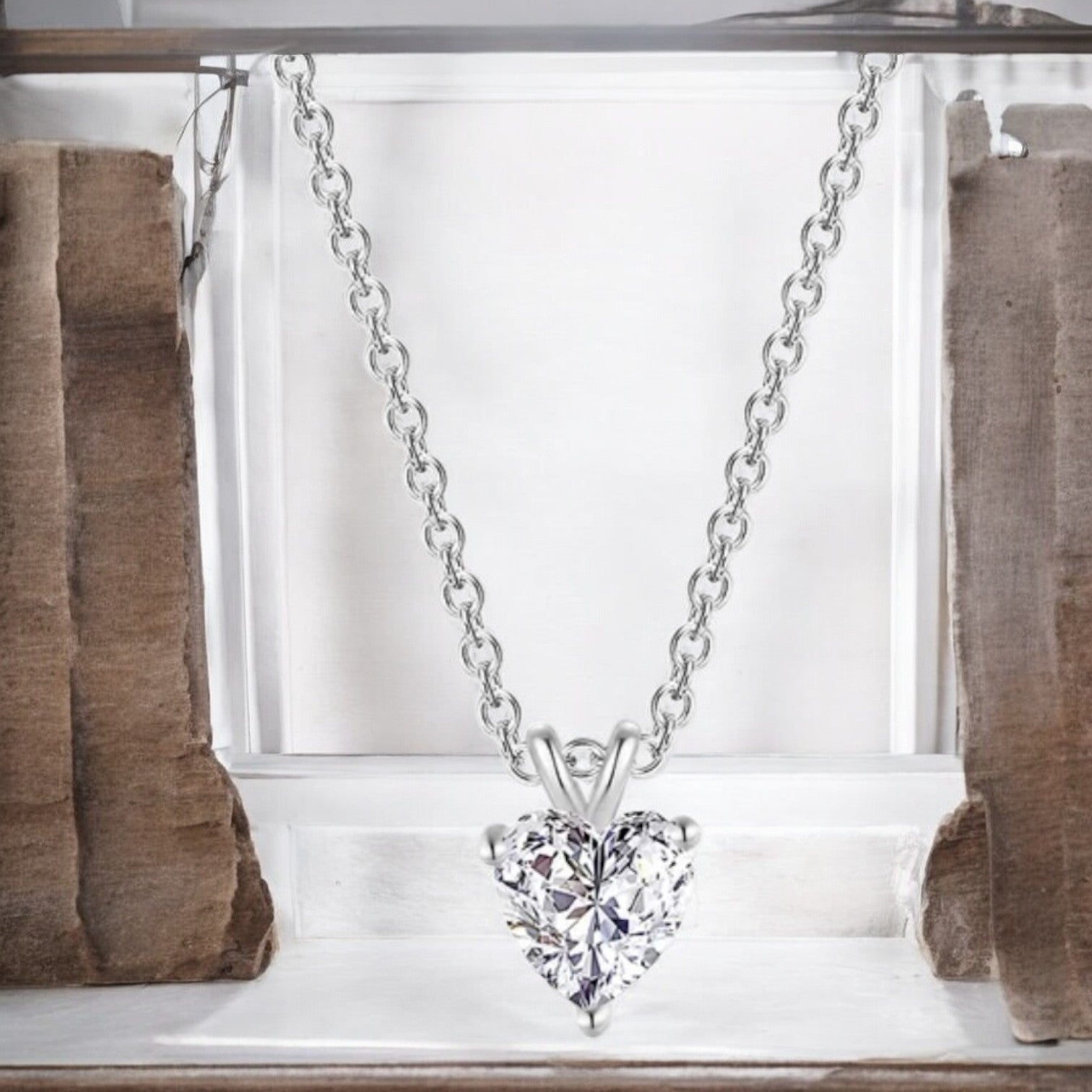 Silver Plated Love Shaped Solitaire Pendant with Link Chain for Women & Girls, Cubic Zircon Heart Pendant Locket (Silver)