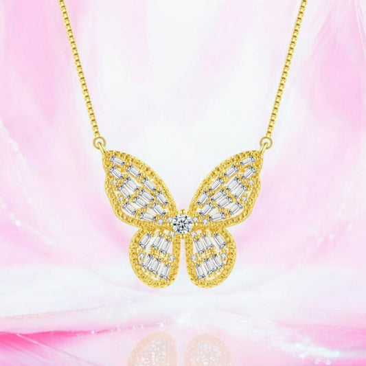 Gold Plated Zircon Studded Butterfly Pendant Necklace, Gift Necklace for Women and Girls