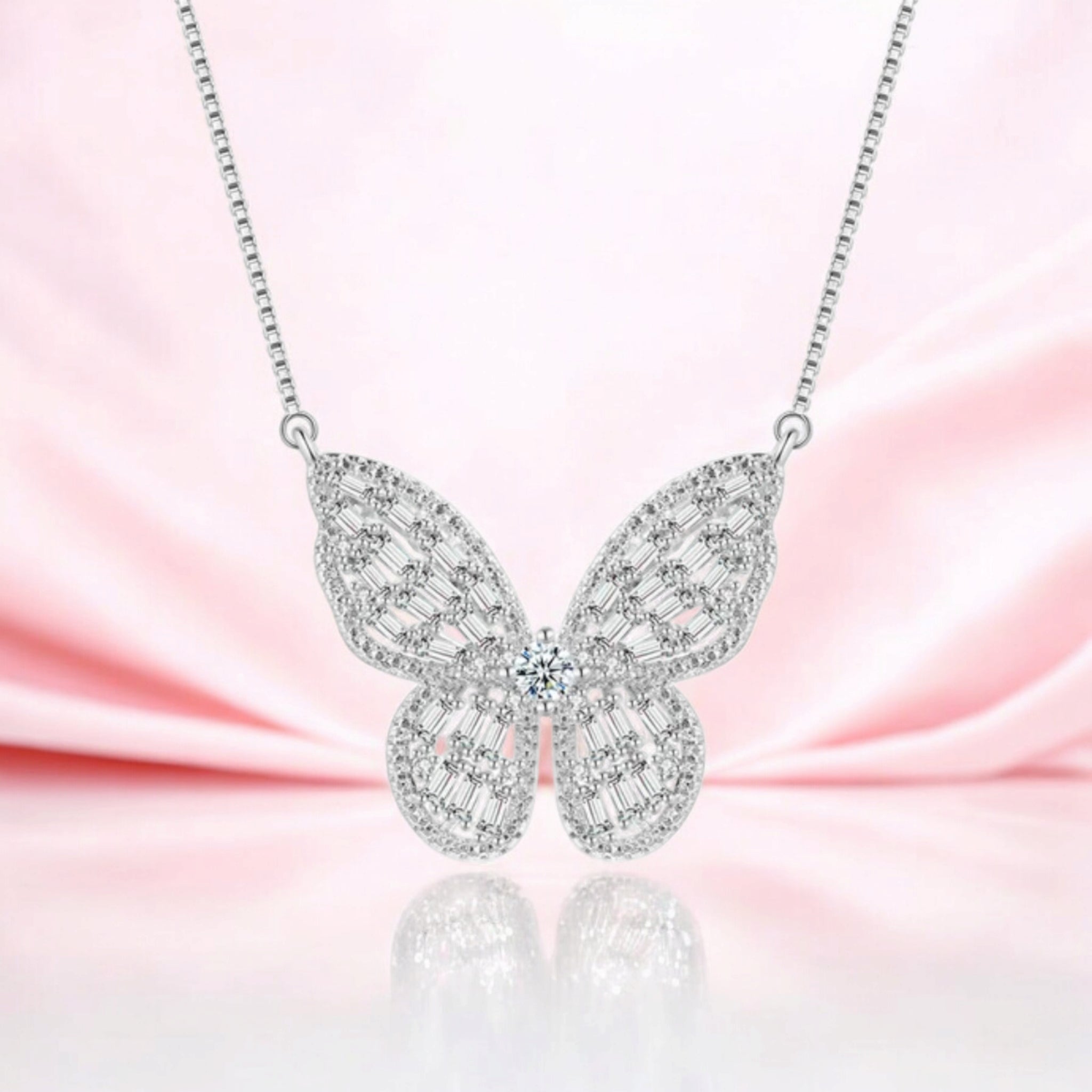 Silver Plated Zircon Butterfly Pendant with Chain for Women and Girls, Gift Jewelry for Her