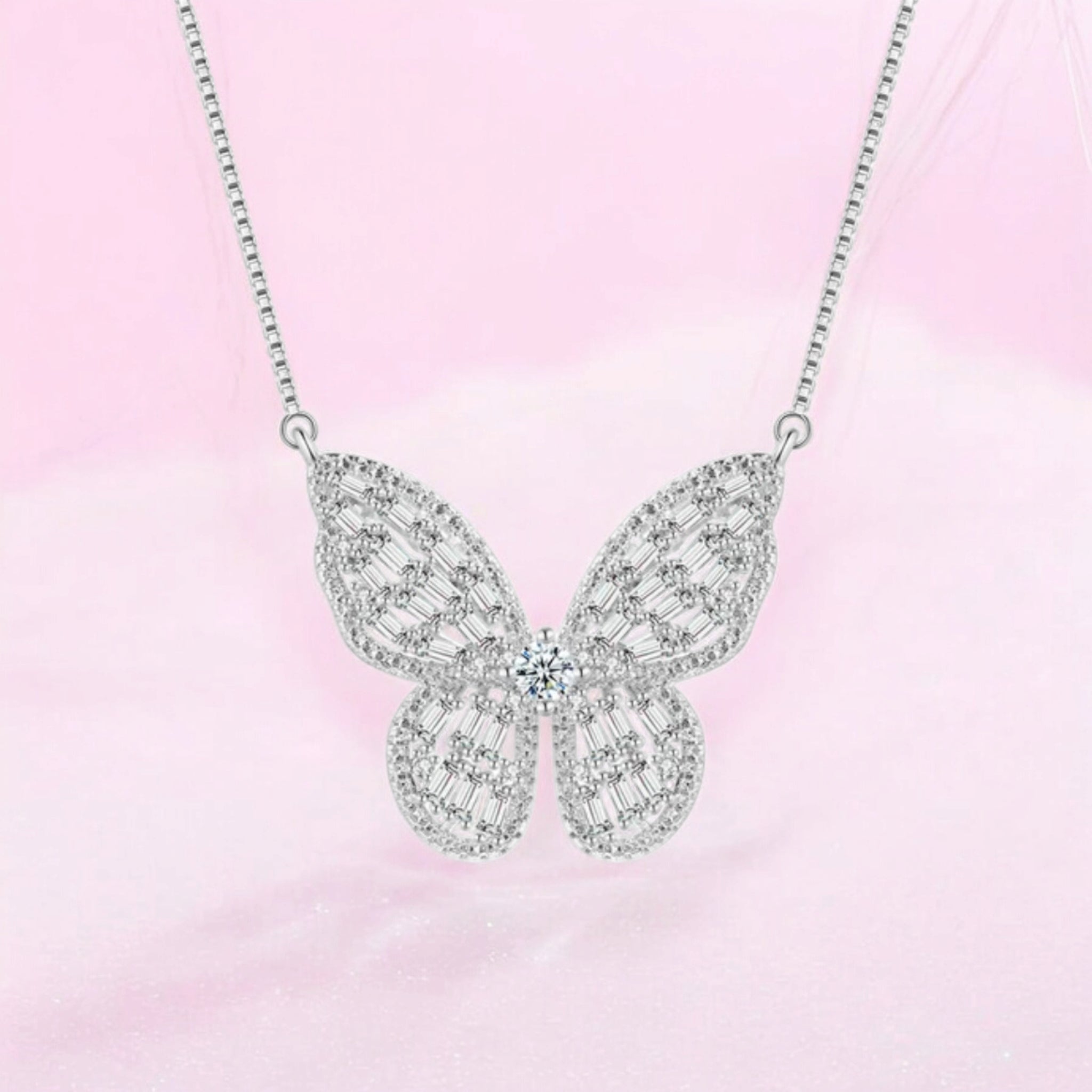 Silver Plated Zircon Butterfly Pendant with Chain for Women and Girls, Gift Jewelry for Her