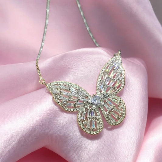 Silver Plated Zircon Butterfly Pendant with Chain for Women and Girls, Gift Jewelry for Her