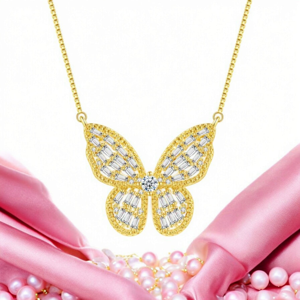 Gold Plated Zircon Studded Butterfly Pendant Necklace, Gift Necklace for Women and Girls