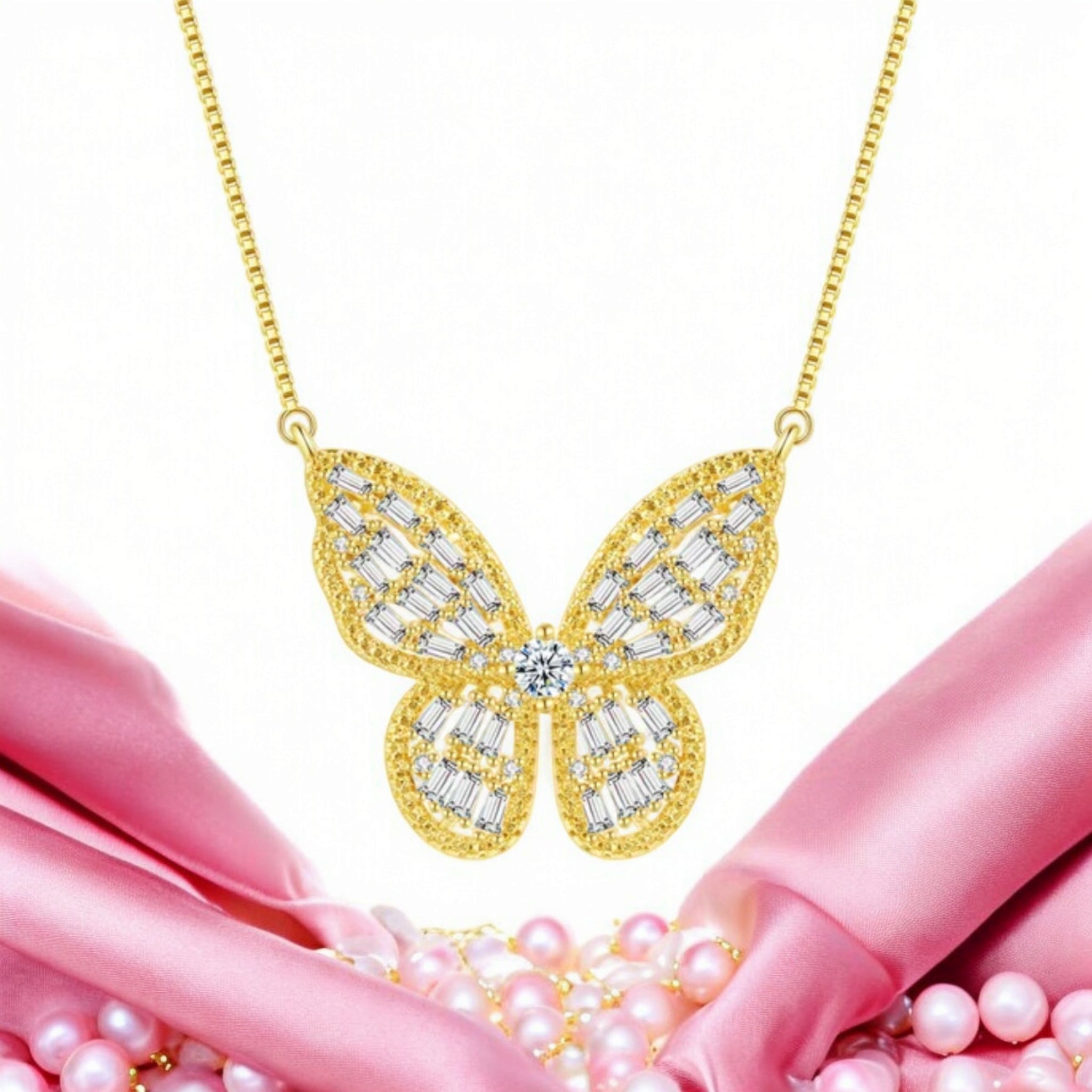 Gold Plated Zircon Studded Butterfly Pendant Necklace, Gift Necklace for Women and Girls