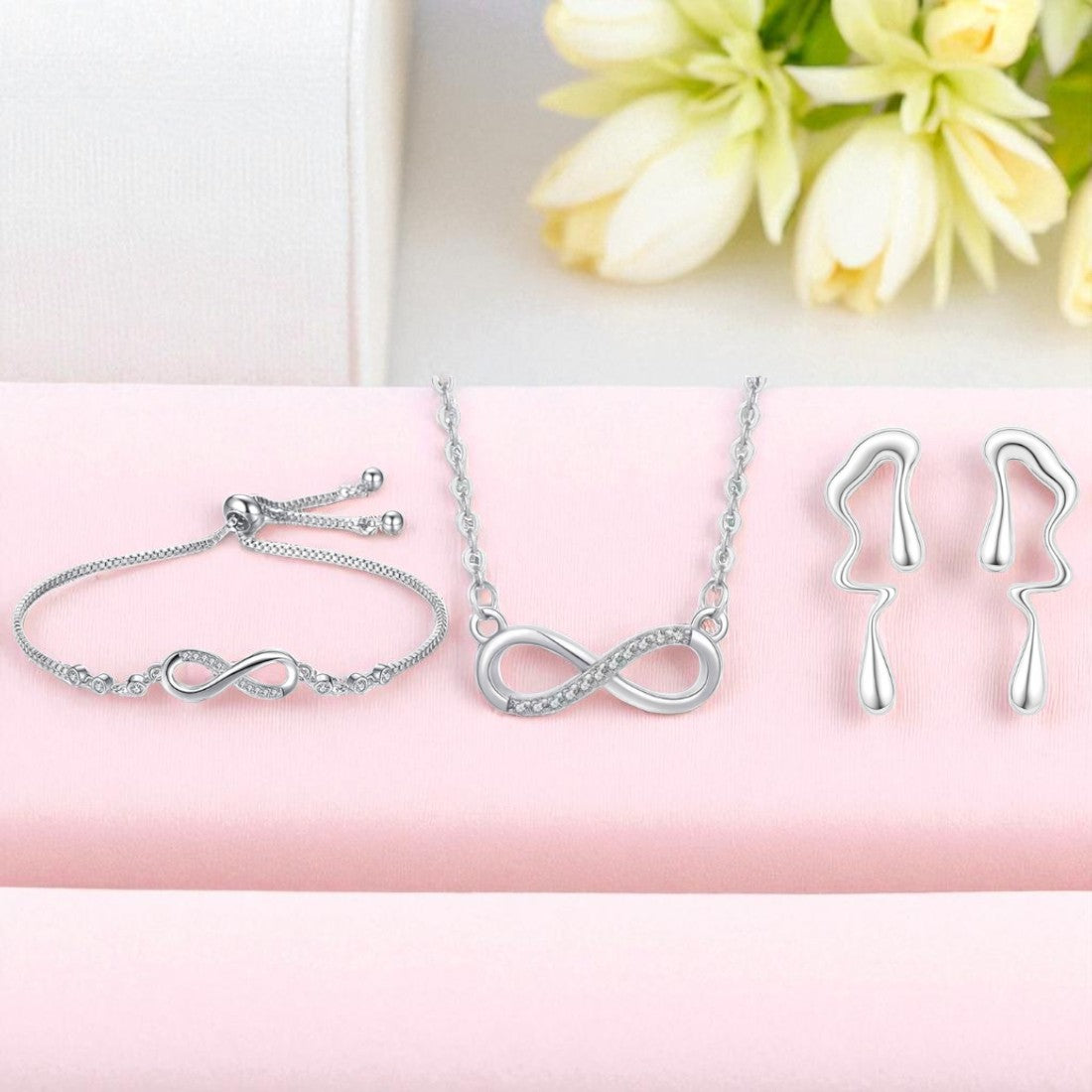 Nilu's Collection Silver Infinity Jewellery Set Necklace, Bracelet & Earrings for Women & Girls