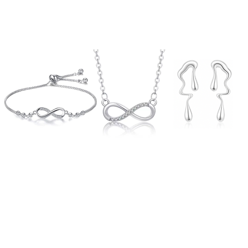 Nilu's Collection Silver Infinity Jewellery Set Necklace, Bracelet & Earrings for Women & Girls