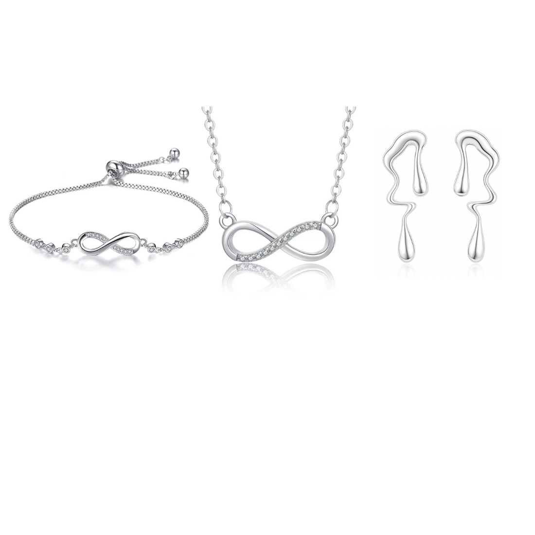 Nilu's Collection Silver Infinity Jewellery Set Necklace, Bracelet & Earrings for Women & Girls