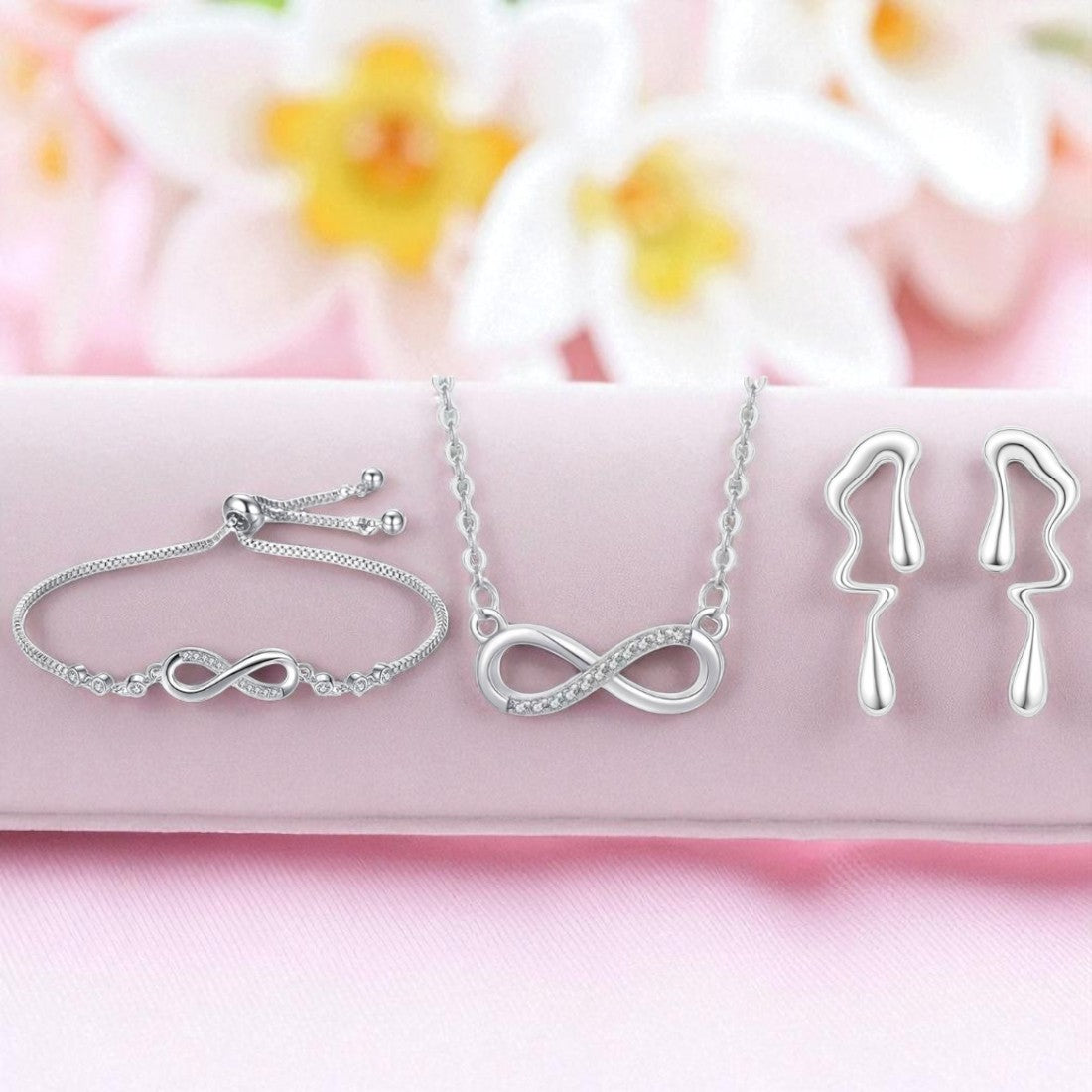 Nilu's Collection Silver Infinity Jewellery Set Necklace, Bracelet & Earrings for Women & Girls