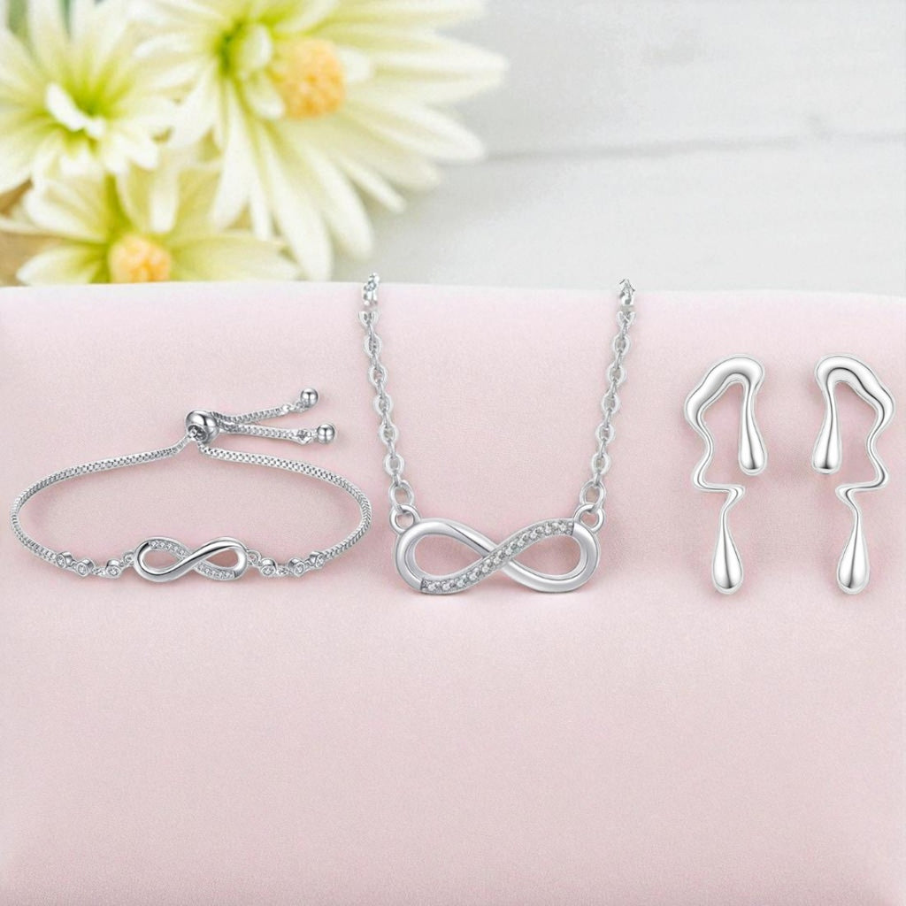 Nilu's Collection Silver Infinity Jewellery Set Necklace, Bracelet & Earrings for Women & Girls