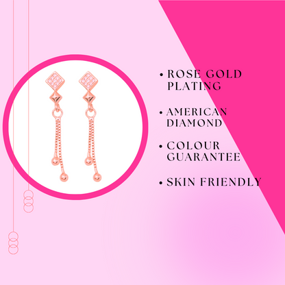 Rose Gold Long Earrings, American Diamond Studded Lightweight Drop Earrings for Women and Girls (Diamond Shape)