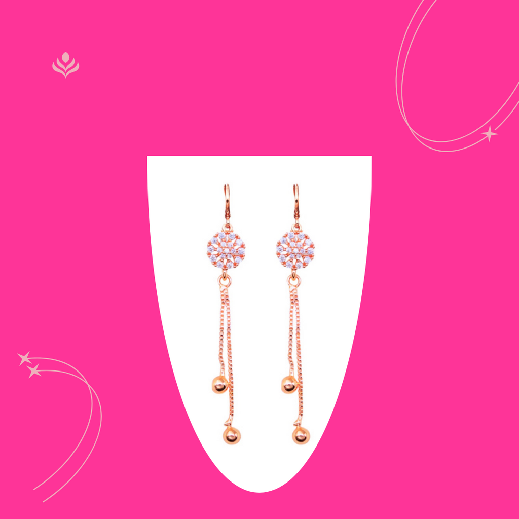 Rose Gold Long Earrings, American Diamond Studded Lightweight Drop Earrings for Women and Girls (Floral)