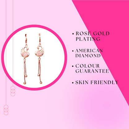 Rose Gold Plated Long Earrings, American Diamond Studded Lightweight Danglers Drop Earrings for Women and Girls (Swan)