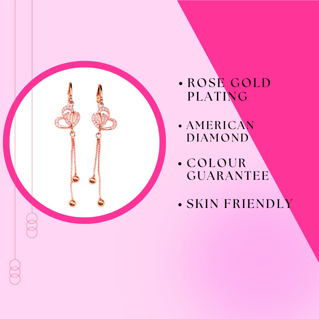 Rose Gold Plated Long Earrings, American Diamond Studded Lightweight Danglers Drop Earrings for Women and Girls (Heart Shape)