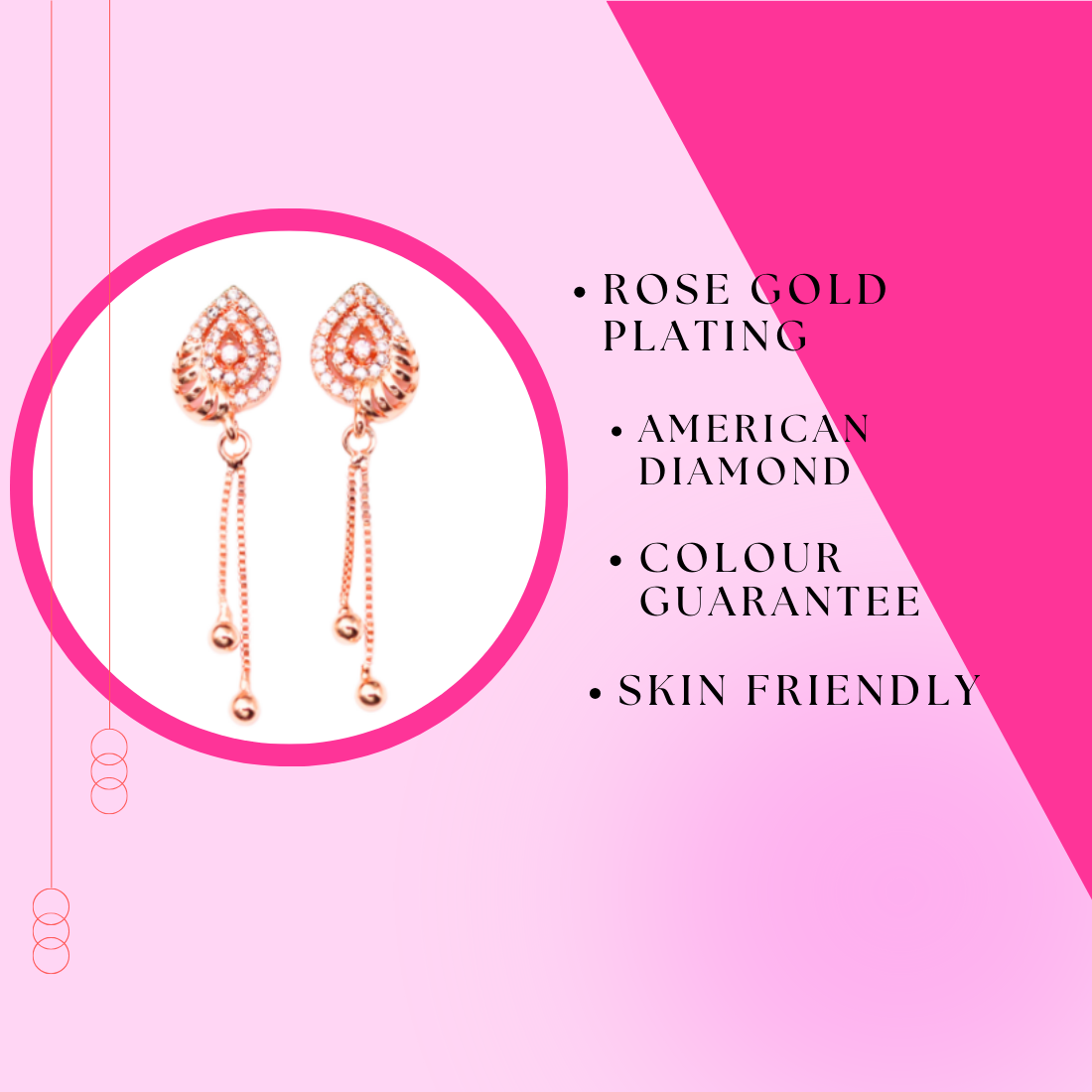 Rose Gold Long Earrings, American Diamond Studded Lightweight Drop Earrings for Women and Girls (Water Drop)