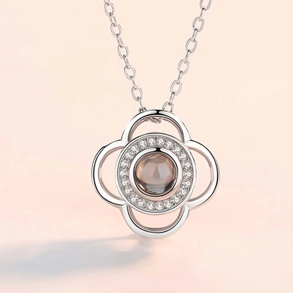 Sparkling Petal Silver Plated Zircon Flower Pendant with Chain for Girls