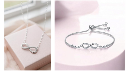 Nilu's Collection Silver Plated Infinity Pendant Necklace & Adjustable Bracelet Set with American Diamond for Women & Girls |Anti - Allergy | Anti -Tarnish | Office Wea