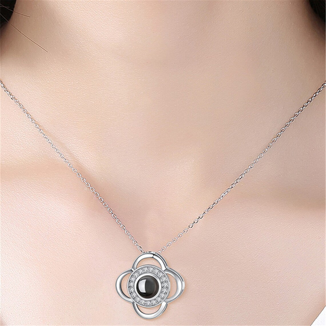 Sparkling Petal Silver Plated Zircon Flower Pendant with Chain for Girls