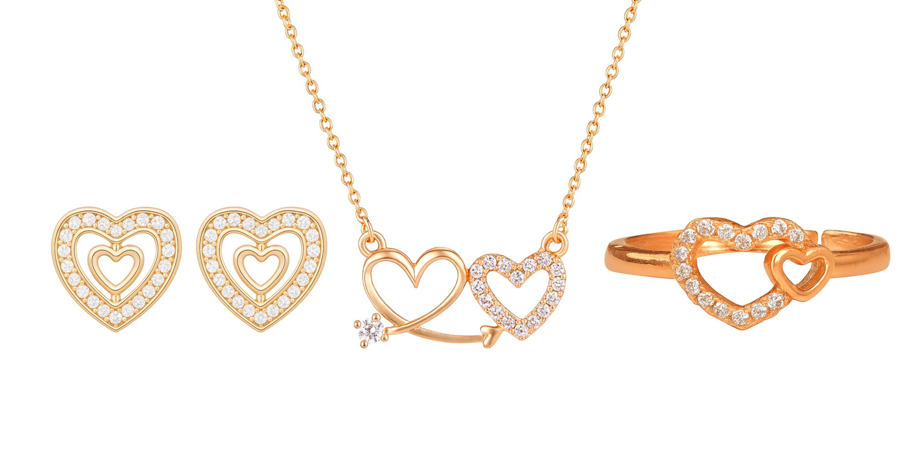 Nilu's Collection Rose Gold Platedc Heart Jewellery Set For Women And Girls | Pendant | Earrings | Ring