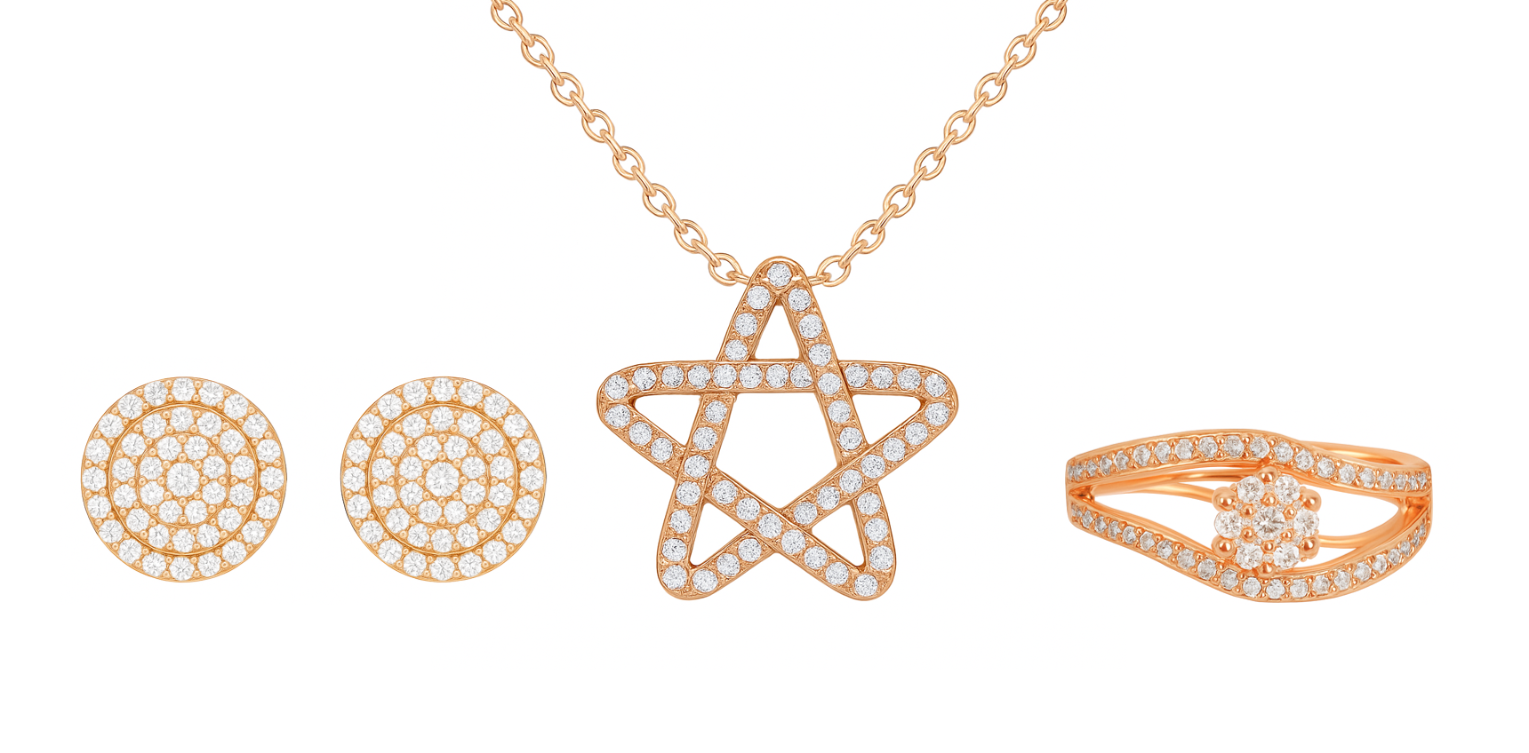 Nilus Collection Rose Gold Jewellery Set Elegant Necklace, Stud Earrings & Ring for Women And Girls