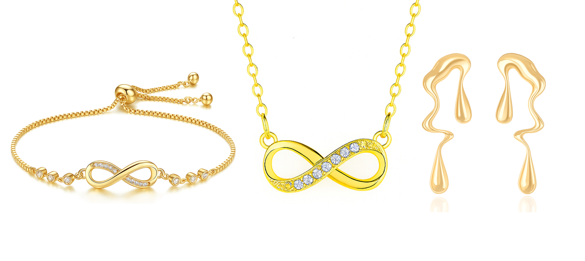 Gold Plated Infinity Jewelry Set as Bracelet, Necklace & Earrings with American Diamond For Women And Girls