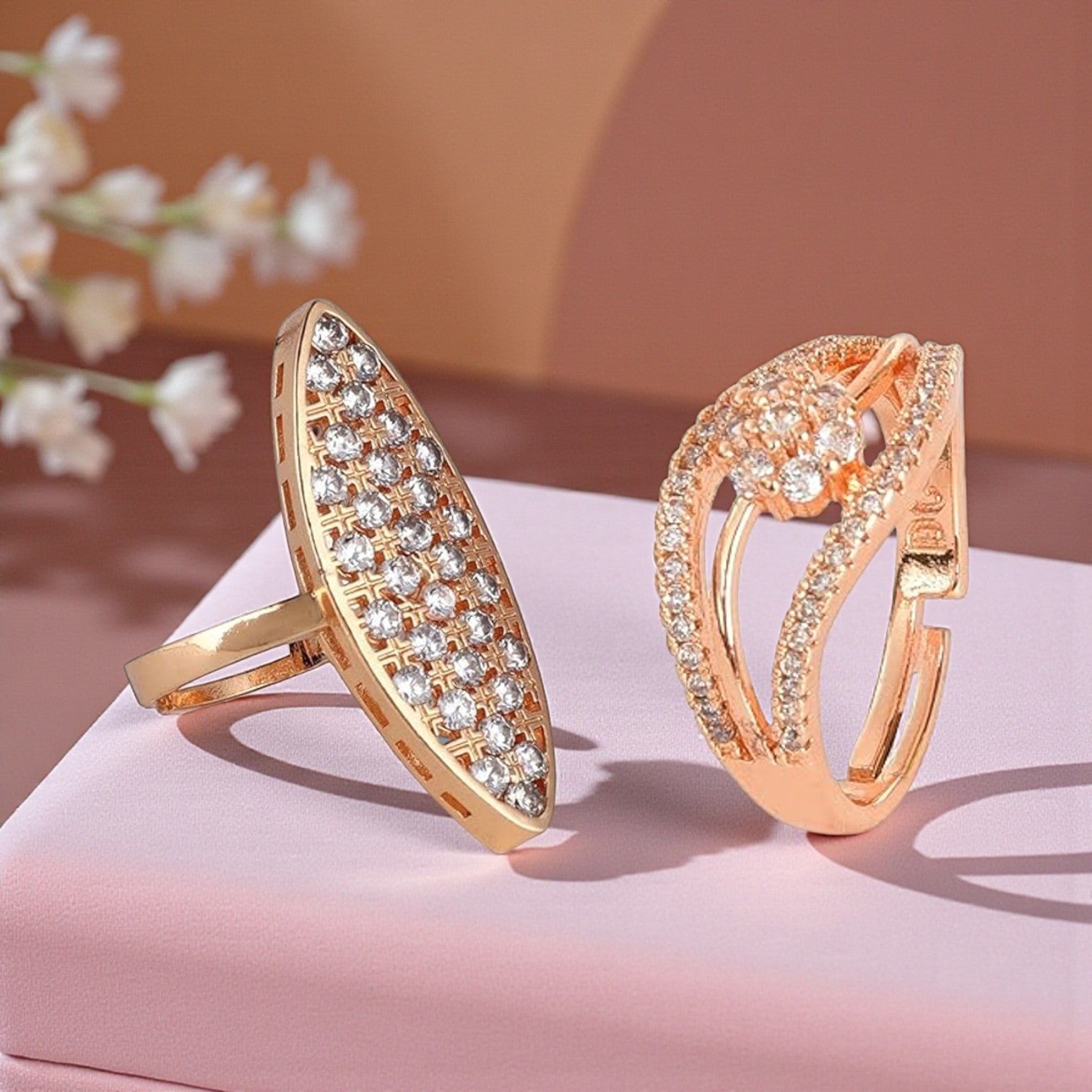 Nilu's Collection Rose Gold Plated Designer Adjustable Finger Rings With American Diamond  for Women & Girls