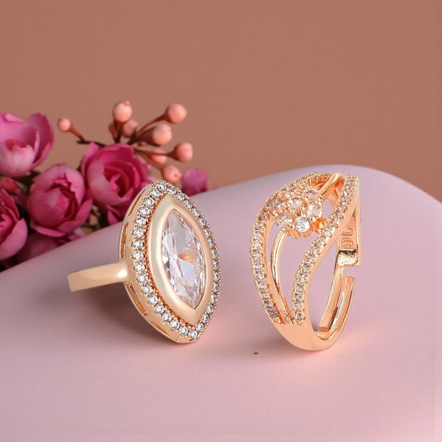 Nilu's Collection Rose Gold Adjustable Finger Ring With American Diamond for Women & Girls
