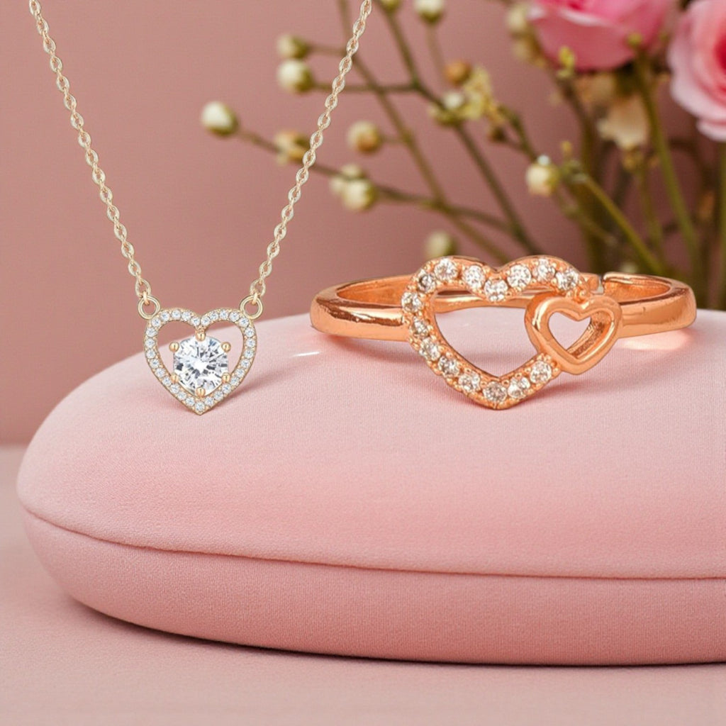 Nilu's Collection Rose Gold Plated Heart Pendant and  Finger Ring With American Diamond for Women & Girls