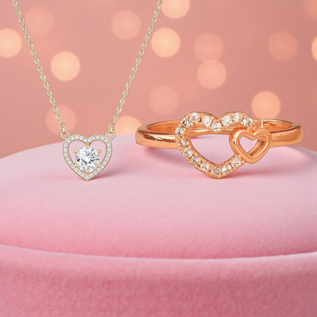 Nilu's Collection Rose Gold Plated Heart Pendant and  Finger Ring With American Diamond for Women & Girls