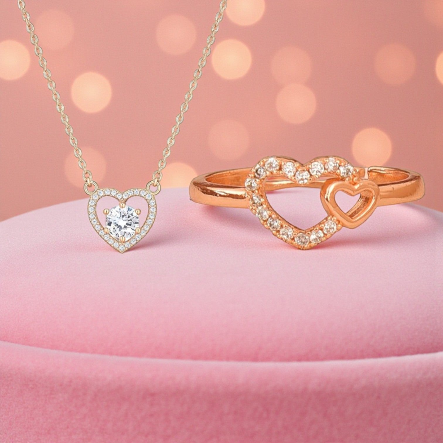 Nilu's Collection Rose Gold Plated Heart Pendant and  Finger Ring With American Diamond for Women & Girls