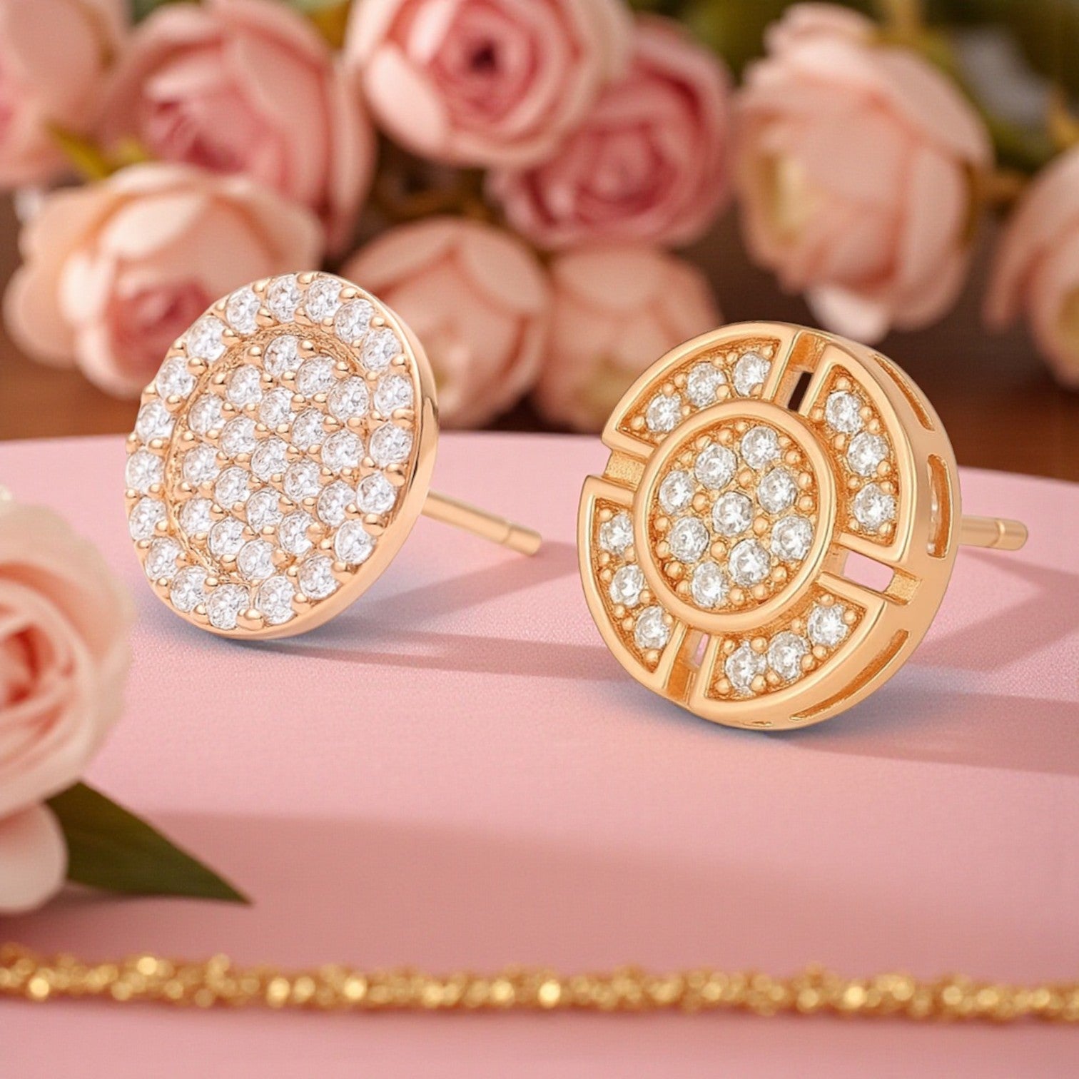 Nilu's Collection Rose Gold Circular Stud Earrings Set with American Diamond For Women & Girls
