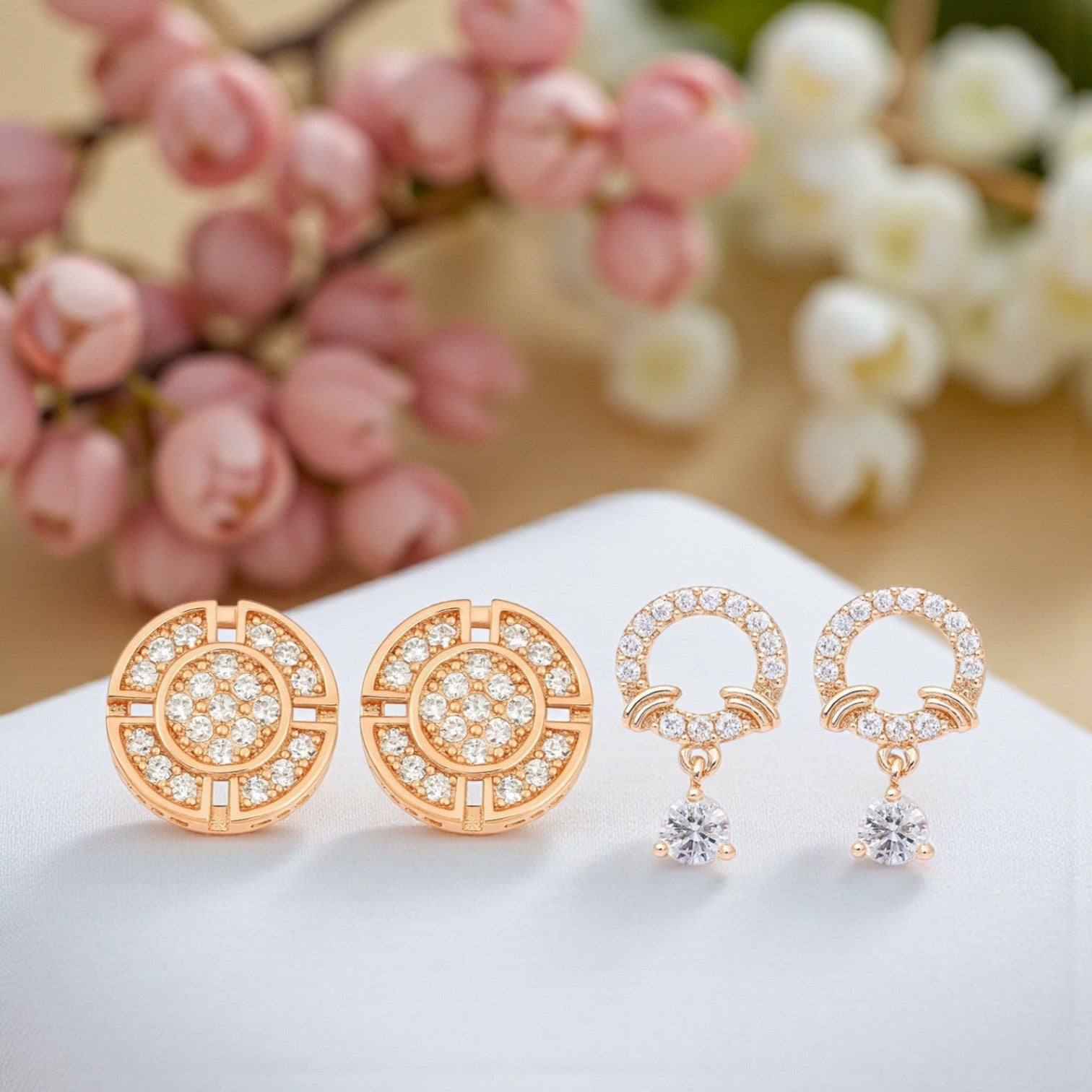 Nilu's Collection Rose Gold Fashion Combo Round & Dangle Earrings With American Diamond For Women & Girls