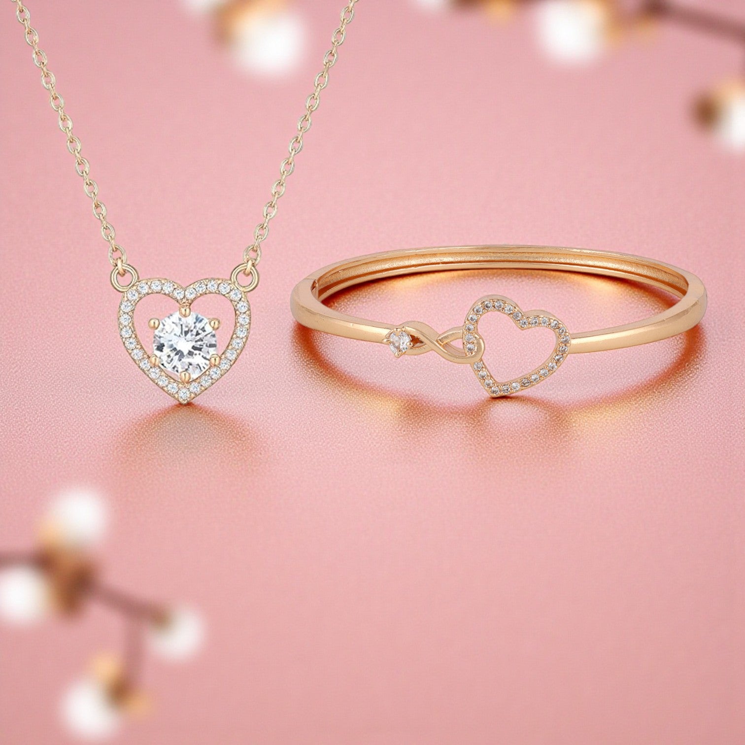 Nilu's Collection Rose Gold Plated Heart Necklace and Kada Bracelet Set for Women & Girls