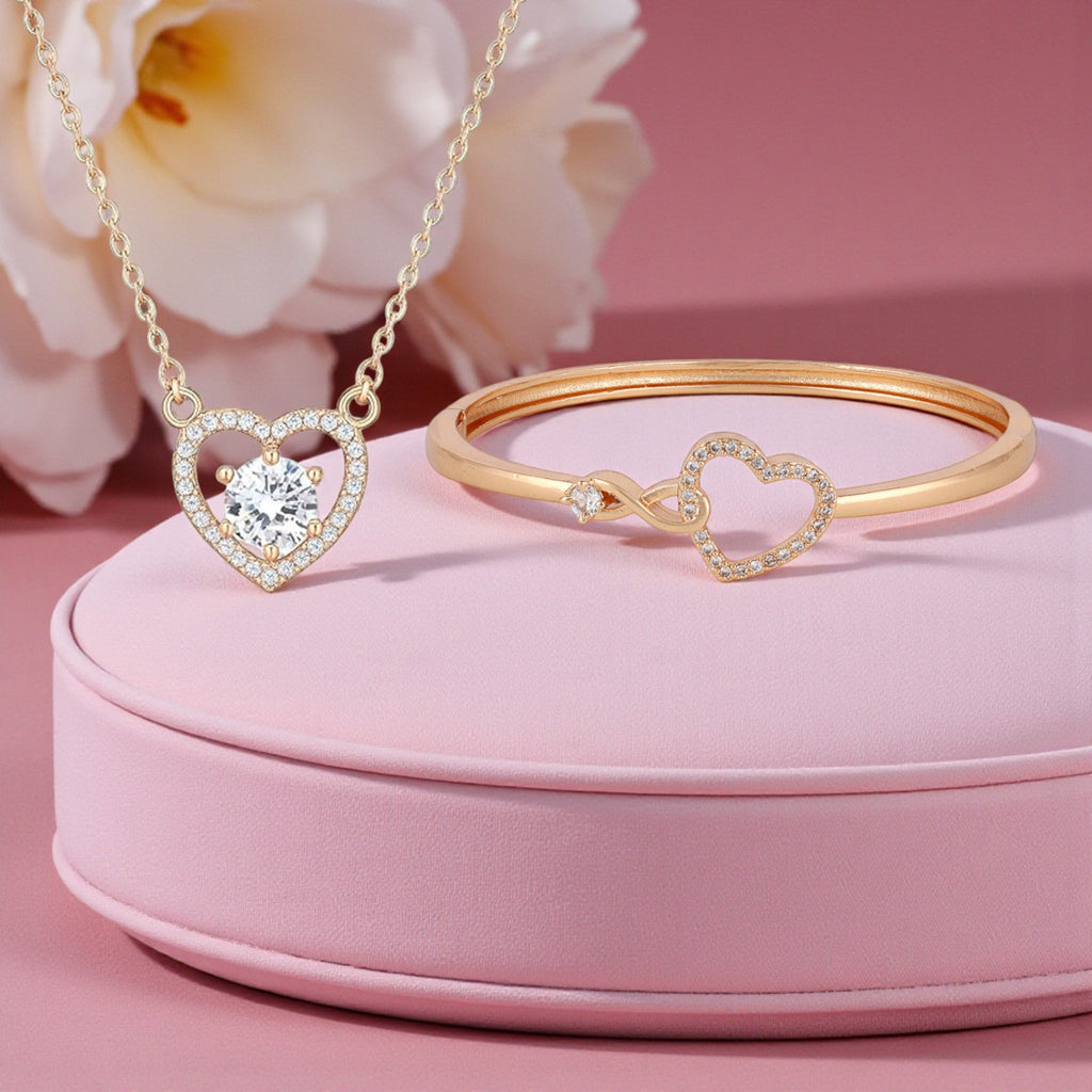 Nilu's Collection Rose Gold Plated Heart Necklace and Kada Bracelet Set for Women & Girls