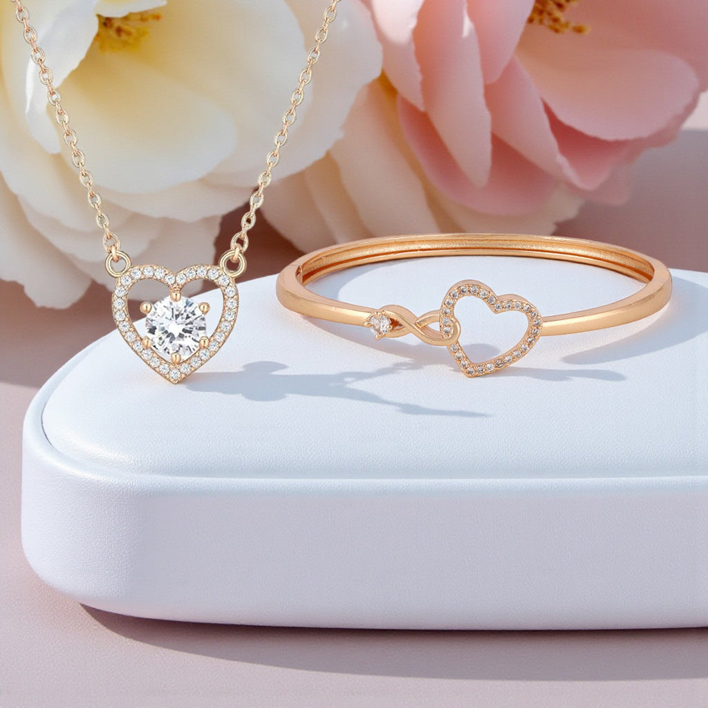 Nilu's Collection Rose Gold Plated Heart Necklace and Kada Bracelet Set for Women & Girls