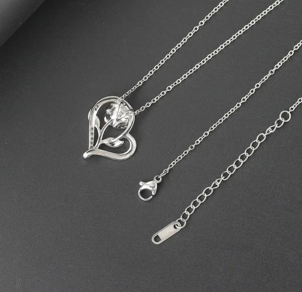 Stylish Silver Plated CZ Chain Pendent Set for Women, Heart Shaped Pendant with Rose Design (Silver)
