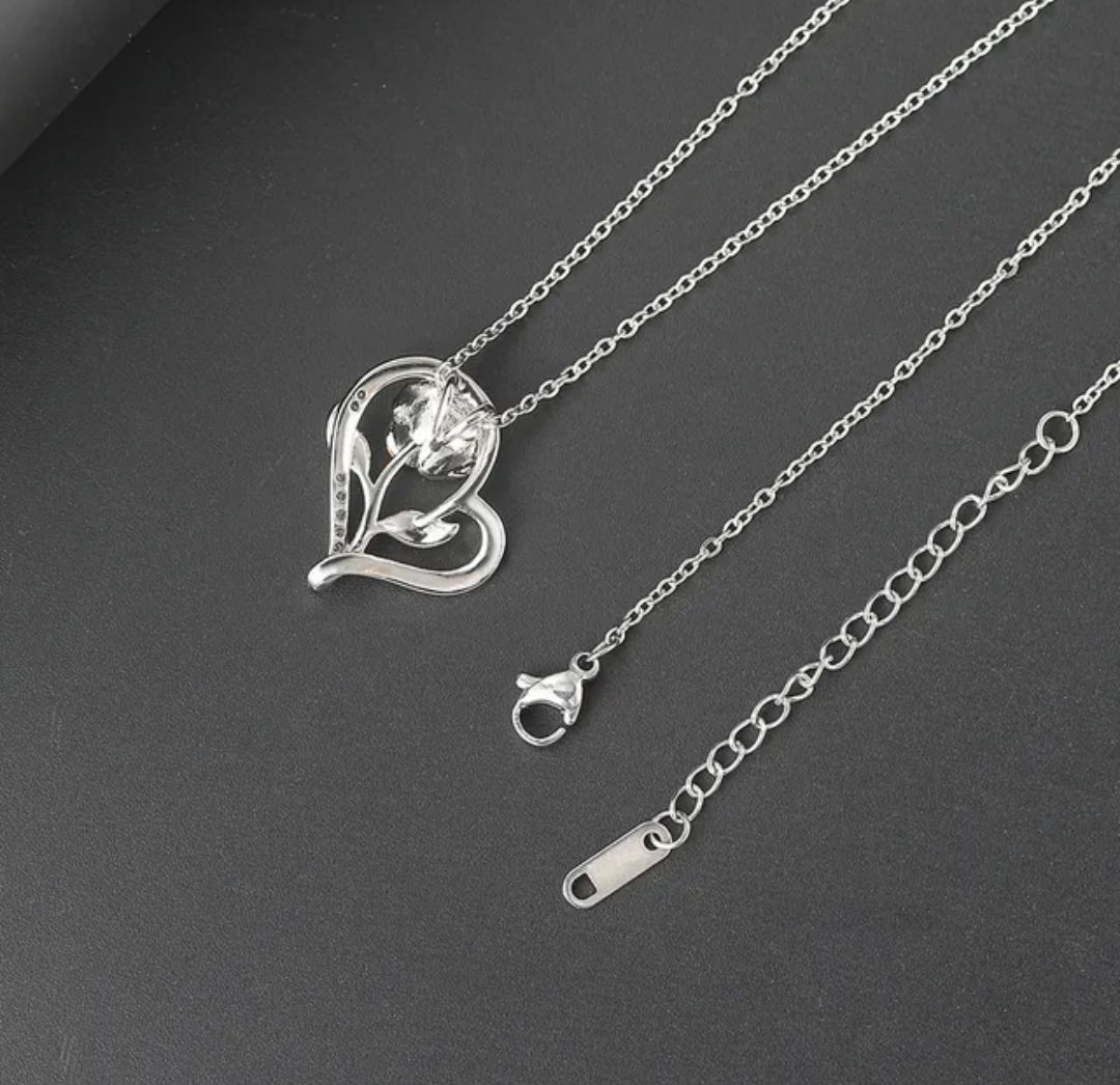 Stylish Silver Plated CZ Chain Pendent Set for Women, Heart Shaped Pendant with Rose Design (Silver)