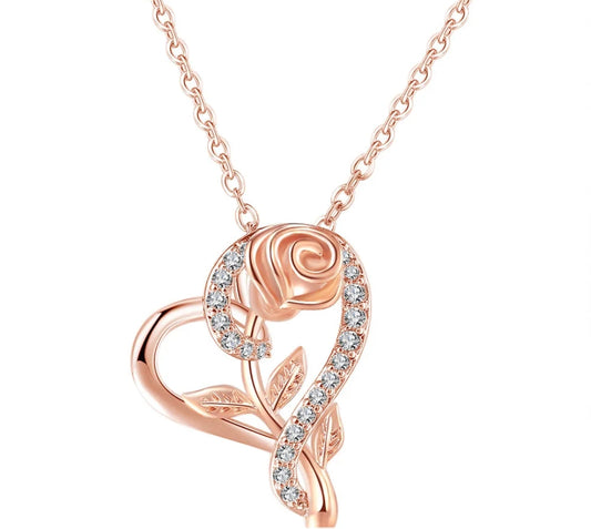 Stylish Rose gold plated CZ heart pendant with chain, Love Shaped necklace with Rose Design, Gift for her (Rose Gold)