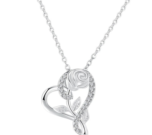 Stylish Silver Plated CZ Chain Pendent Set for Women, Heart Shaped Pendant with Rose Design (Silver)