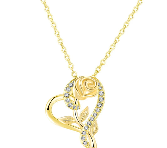 Stylish Gold Plated CZ Chain Pendent Set for Women, Heart Shaped Pendant with Rose Design (Gold)