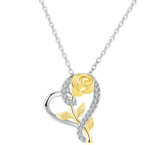 Stylish Silver Plated CZ Chain Pendent Set for Women, Heart Shaped Pendant with Rose Design (Silver & Gold)