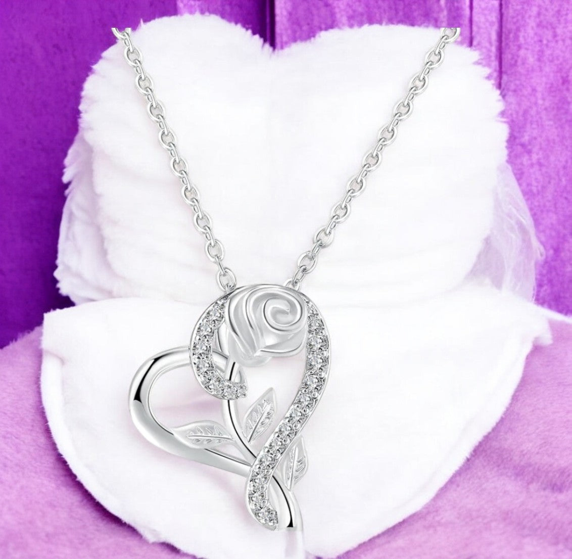 Stylish Silver Plated CZ Chain Pendent Set for Women, Heart Shaped Pendant with Rose Design (Silver)