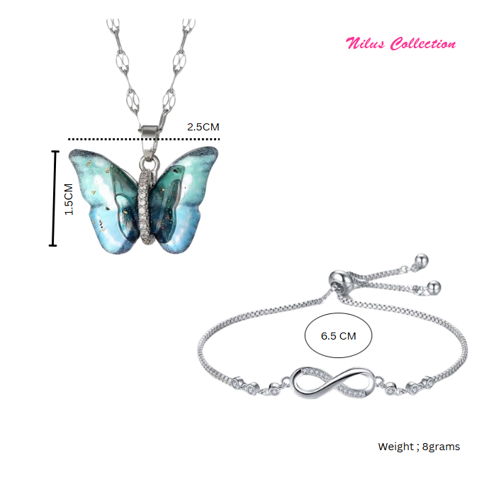 Combo of Butterfly Pendant Necklace and Infinity Bracelet for Women & Girls | Neck Chain | Locket | Modern Design | Fancy & Stylish Accessories for Everyday Wear (Silver)