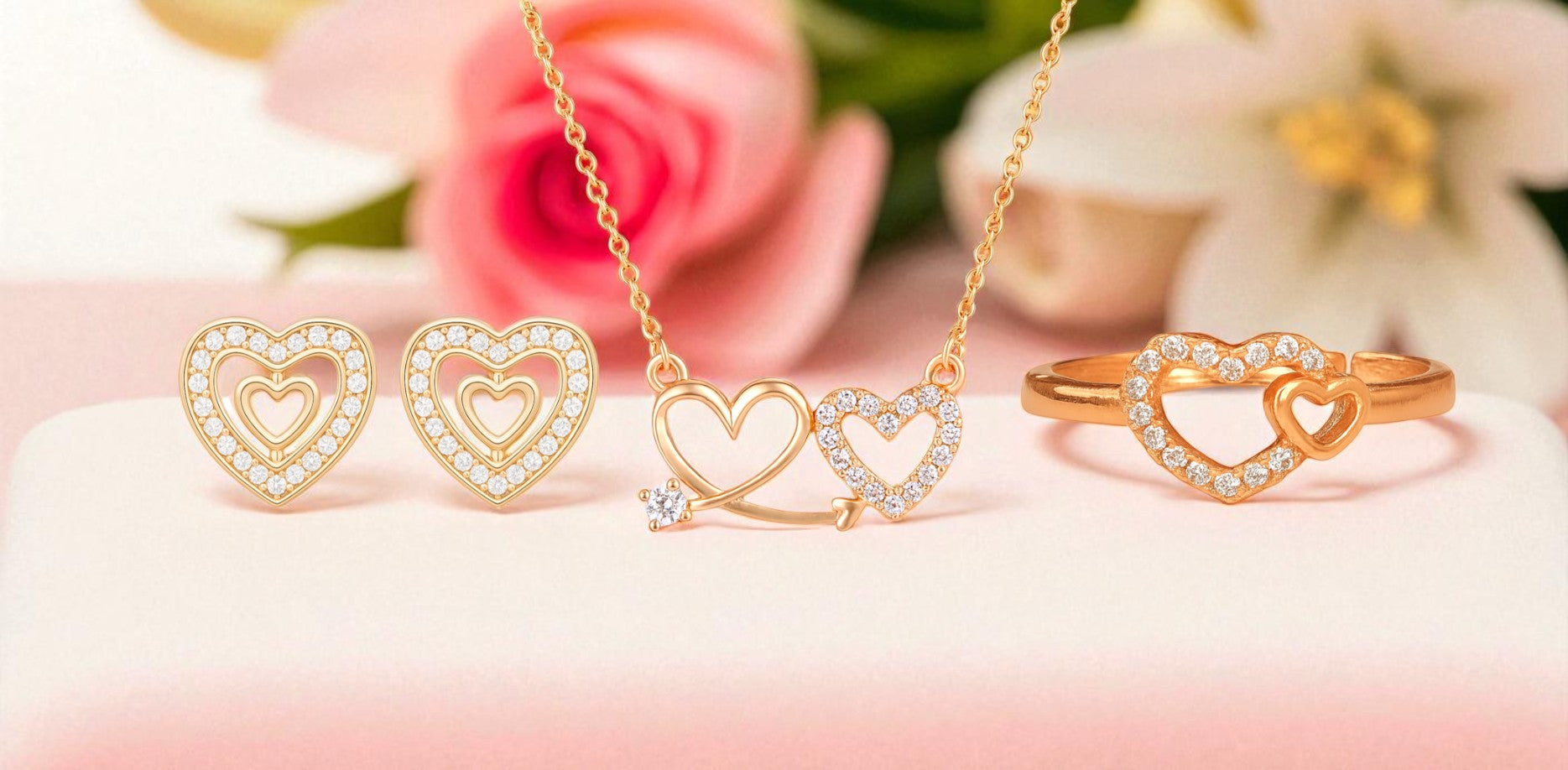 Nilu's Collection Rose Gold Platedc Heart Jewellery Set For Women And Girls | Pendant | Earrings | Ring