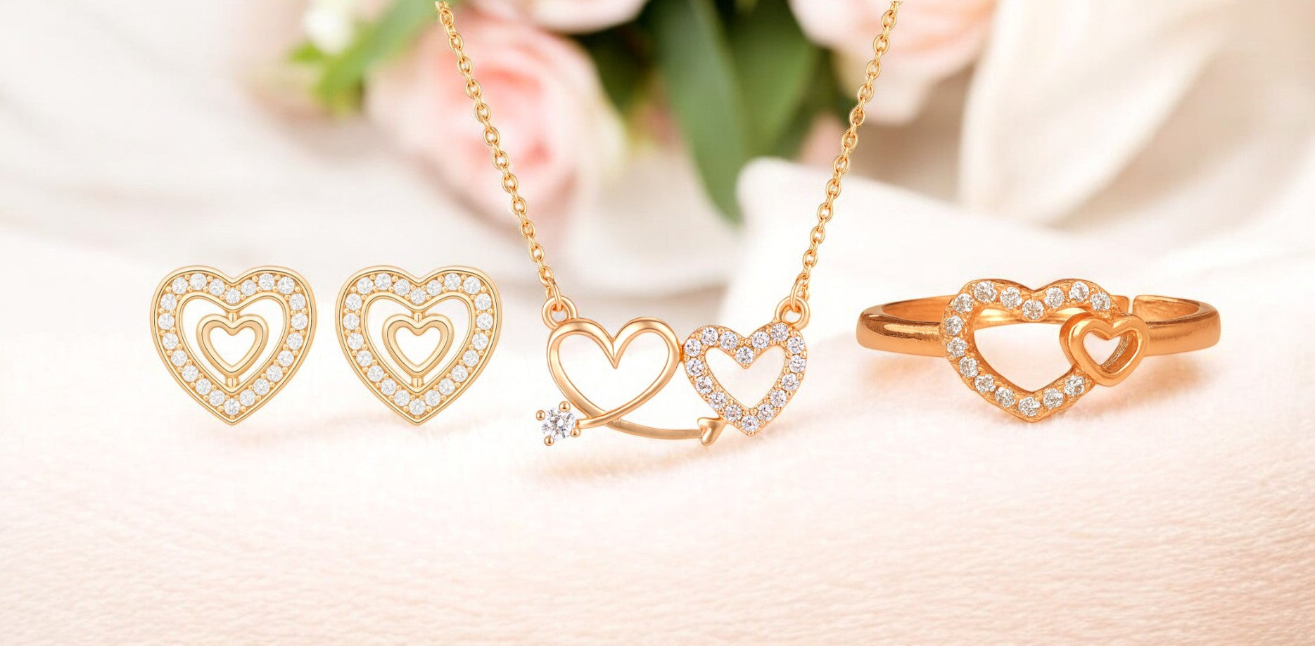Nilu's Collection Rose Gold Platedc Heart Jewellery Set For Women And Girls | Pendant | Earrings | Ring