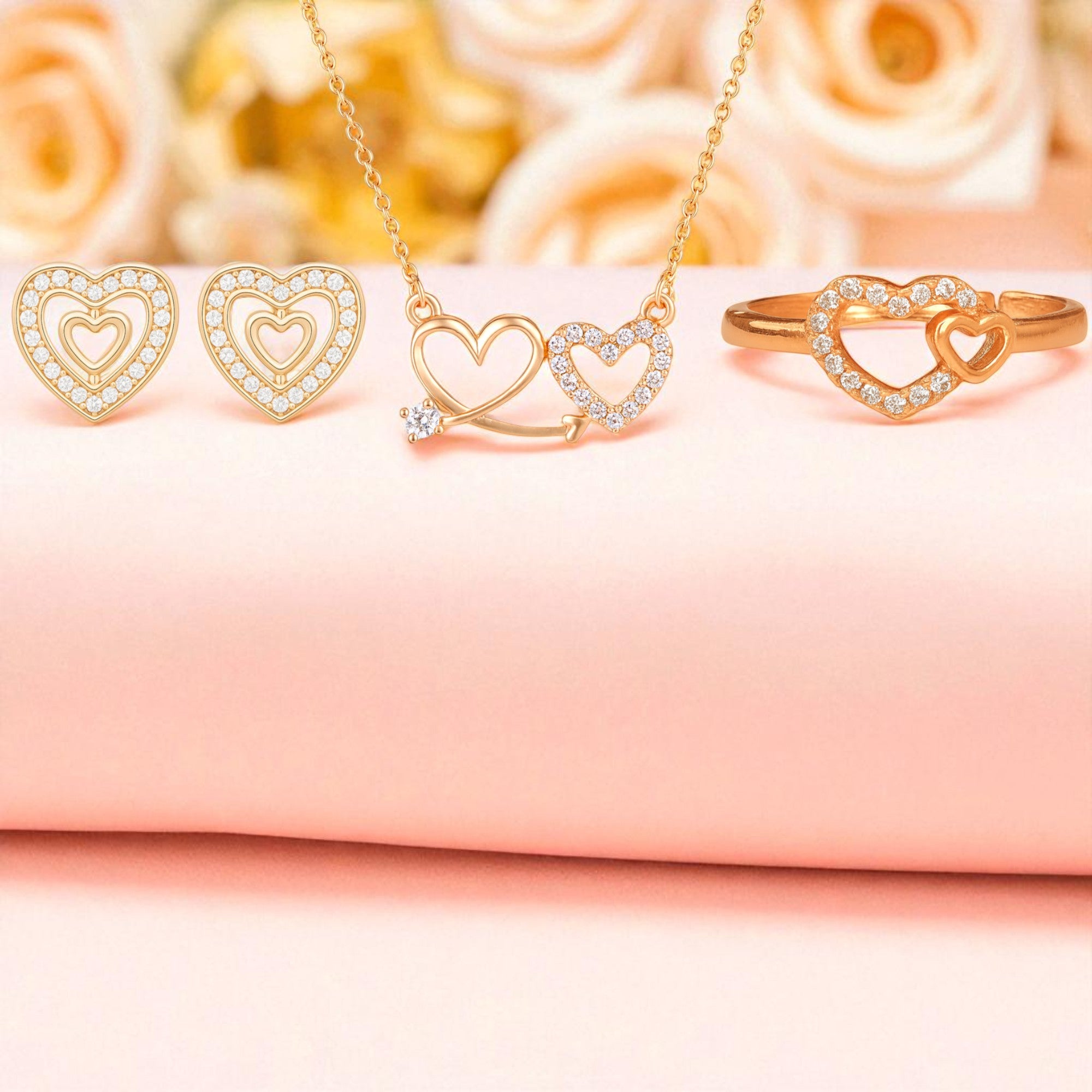 Nilu's Collection Rose Gold Platedc Heart Jewellery Set For Women And Girls | Pendant | Earrings | Ring