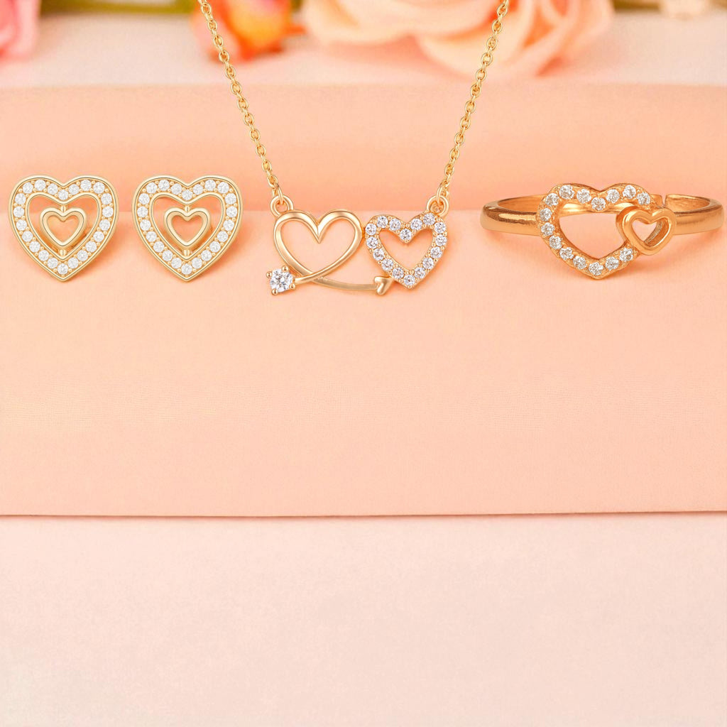 Nilu's Collection Rose Gold Platedc Heart Jewellery Set For Women And Girls | Pendant | Earrings | Ring