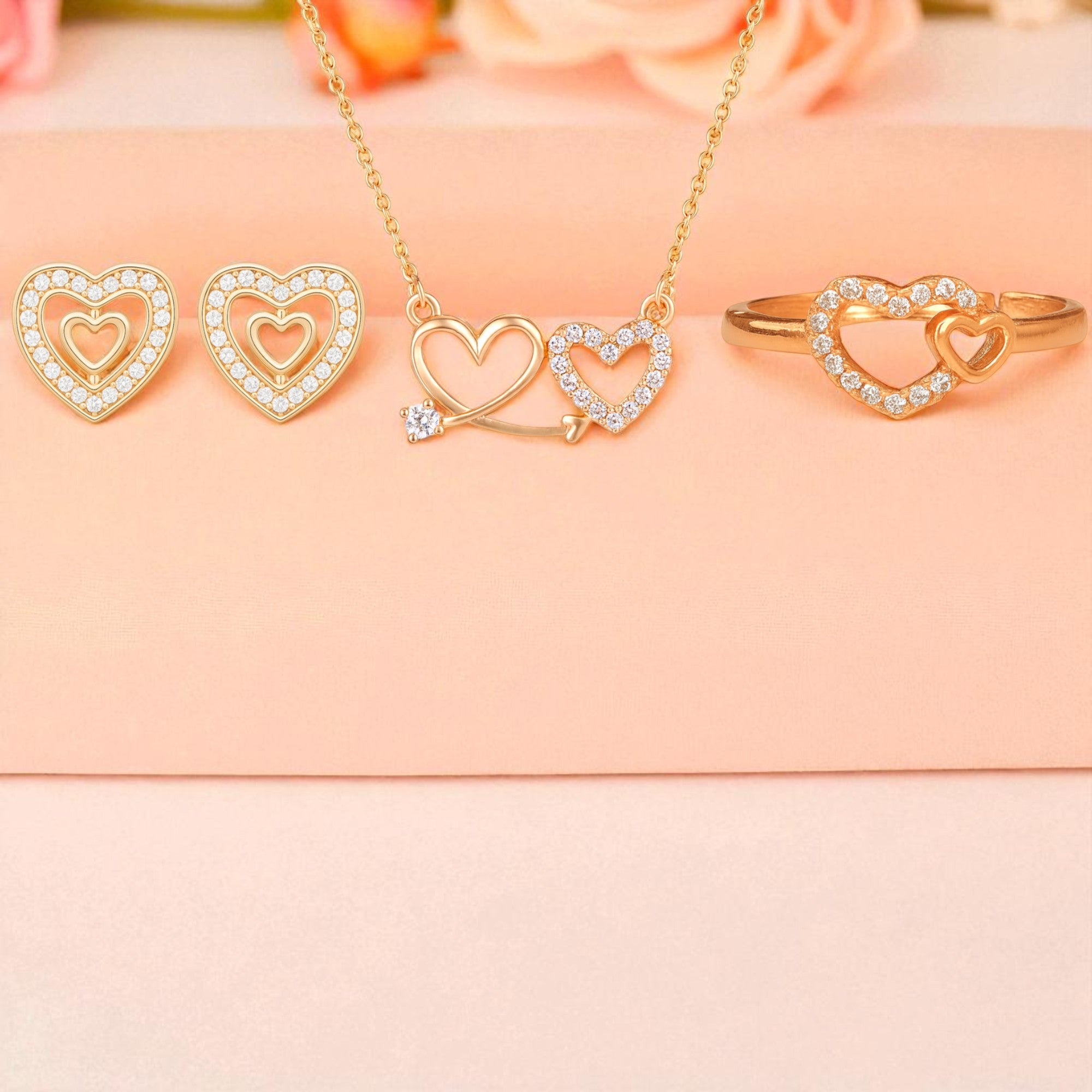 Nilu's Collection Rose Gold Platedc Heart Jewellery Set For Women And Girls | Pendant | Earrings | Ring